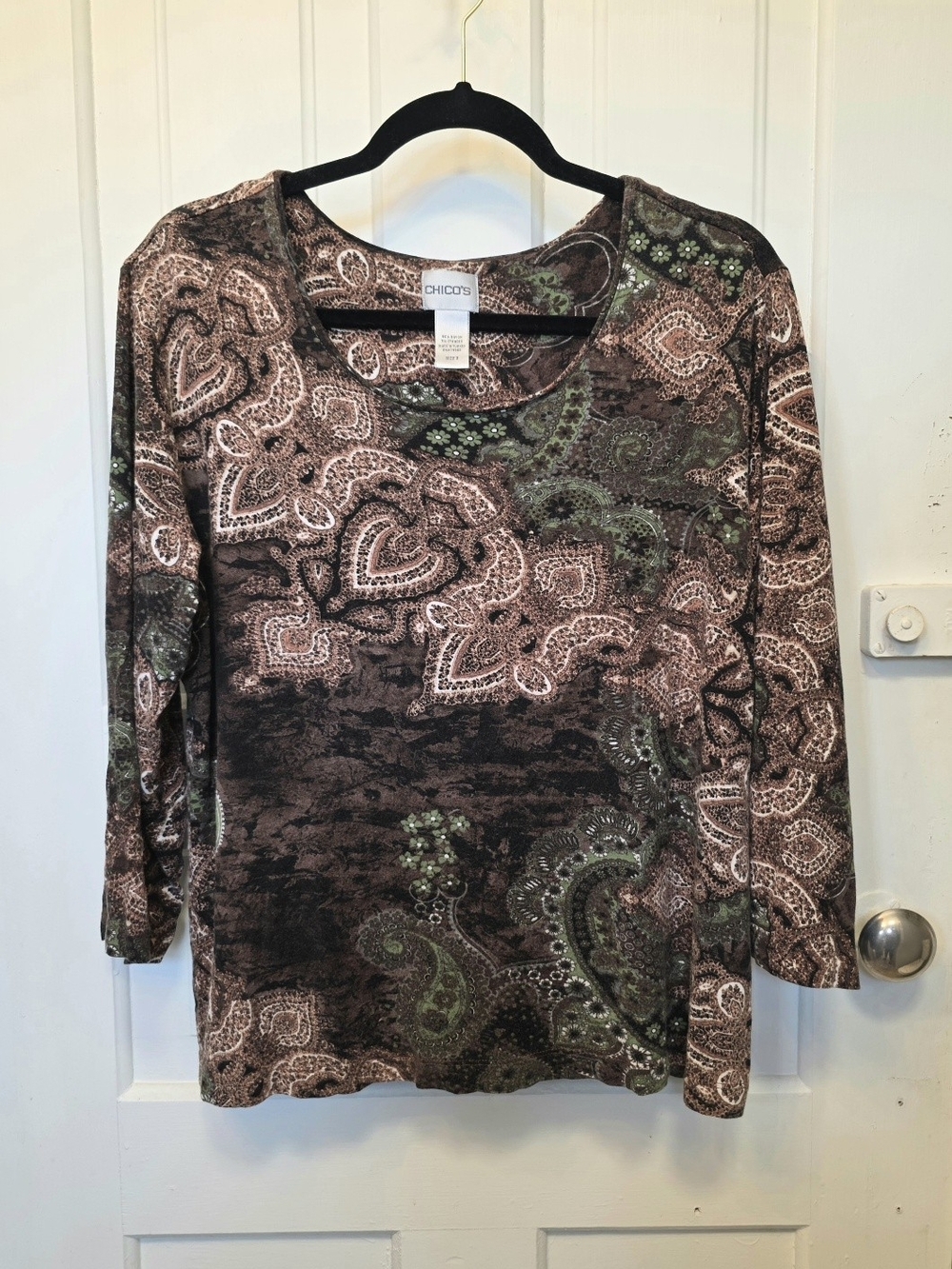 Chico's Women's Boho Artisan Velvet Soft Paisley Stretch Top Brown Hues Sz 3(XL)